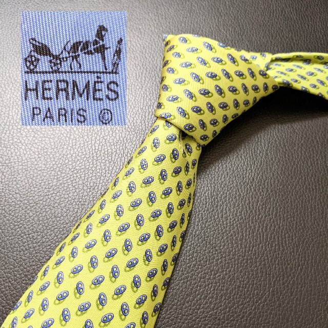 HERMES エルメス ネクタイ 総柄 イエロー シルク