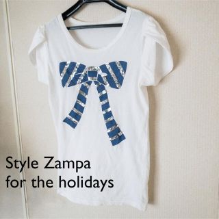 ザンパ(zampa)の【再値下】ザンパ｜Tシャツ ブルーリボン スパンコール ホワイト 春夏(Tシャツ(半袖/袖なし))