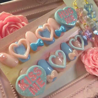 ♡ピアスset♡ジェルネイルチップ12枚♡ブルー×ピンク♡ コスメ/美容のネイル(つけ爪/ネイルチップ)の商品写真