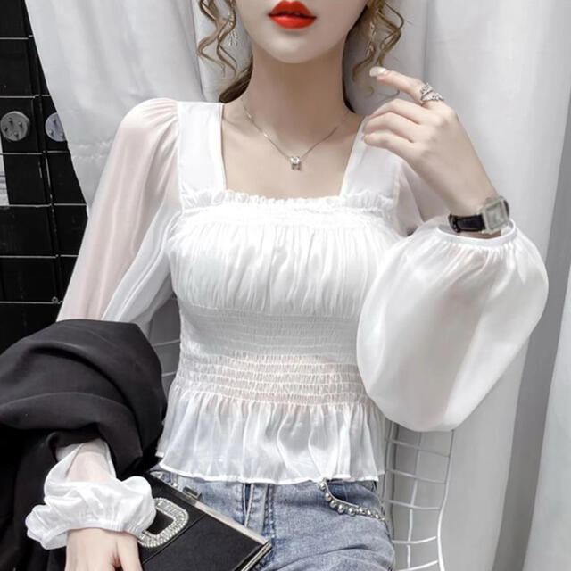 レディース スクエア トップス 韓国ファッション 韓国 ホワイト 白 夏 秋 Mの通販 by eriko☆'s shop｜ラクマ