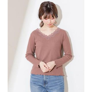 ナチュラルクチュール(natural couture)のnatural couture レース付春色ワッフルインナー モカ(ニット/セーター)