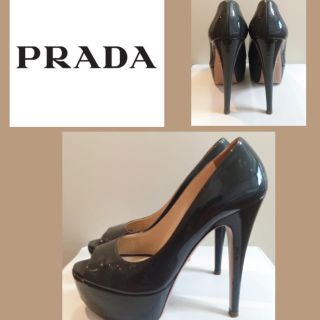 プラダ(PRADA)の美品♡プラダ♡エナメル プラットフォーム パンプス♡ダークグレー♡(ハイヒール/パンプス)