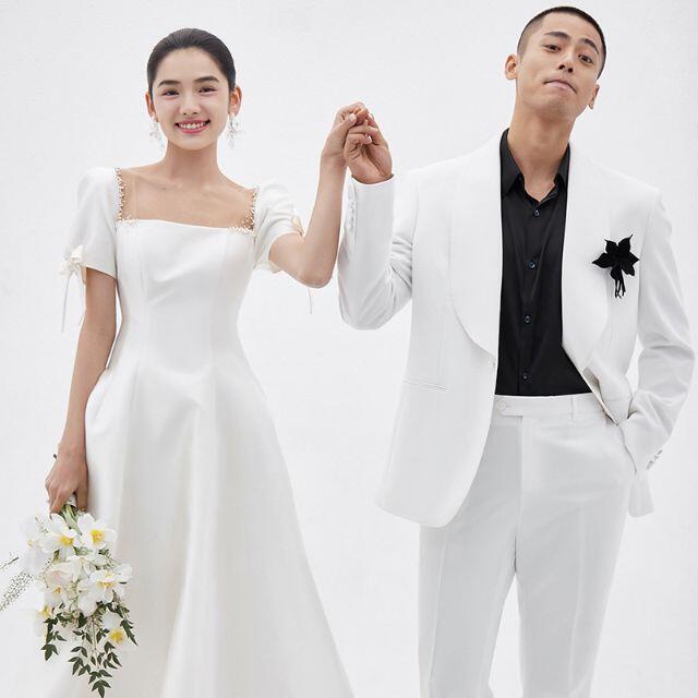 韓国風サテン半袖シンプルウェディングドレス結婚式二次会前撮り 韓国風サテン半袖シンプルウェディングドレス結婚式二次会前撮り