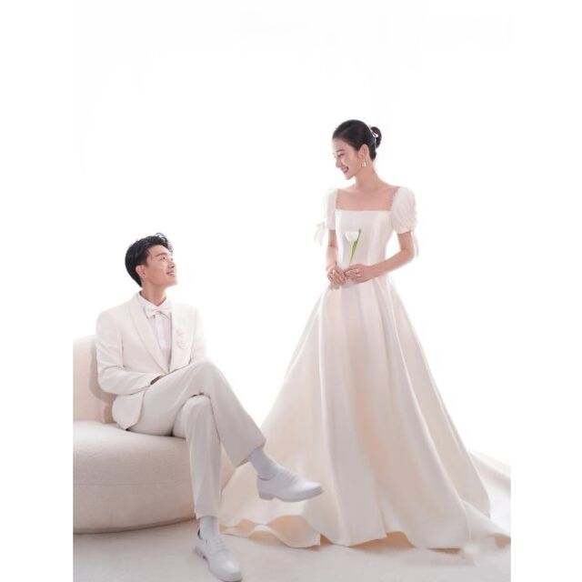 韓国風サテン半袖シンプルウェディングドレス結婚式二次会前撮りドレス F224