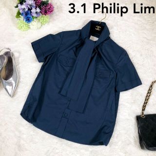 スリーワンフィリップリム(3.1 Phillip Lim)の【美品】3.1 Philip Lim  タイ付き　シャツ　半袖　ネイビーブルー(シャツ/ブラウス(半袖/袖なし))