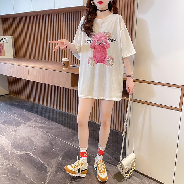 ピンク♡スパンコールピンクテディベアビッグシルエットTシャツ♡でかTワンピース レディースのトップス(Tシャツ(半袖/袖なし))の商品写真