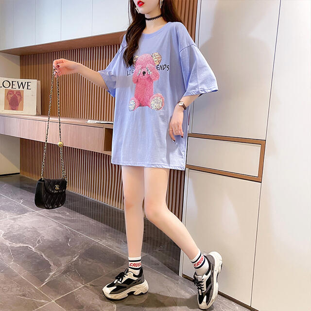 ピンク♡スパンコールピンクテディベアビッグシルエットTシャツ♡でかTワンピース レディースのトップス(Tシャツ(半袖/袖なし))の商品写真