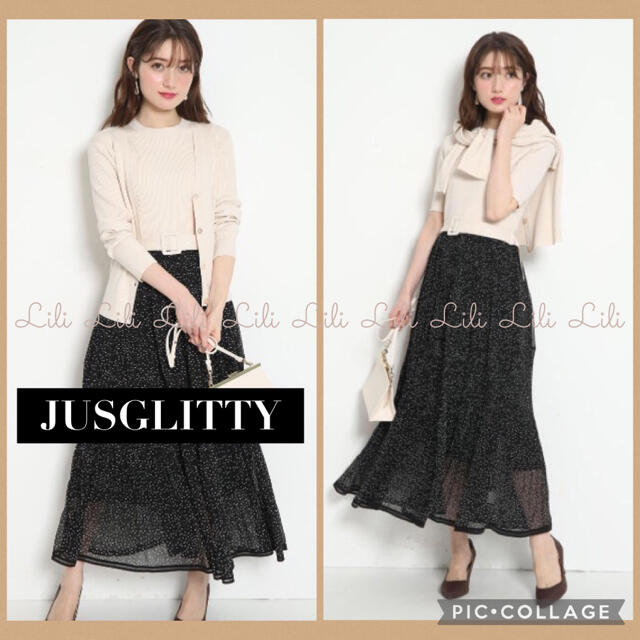 JUSGLITTY(ジャスグリッティー)のJUSGLITTY カーデ付プリーツスカートドッキングワンピ　ジャスグリッティー レディースのワンピース(ロングワンピース/マキシワンピース)の商品写真