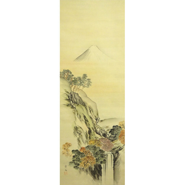 【模写】掛軸 土佐光文『富士 秋景山水図』日本画 絹本 掛け軸 a111016