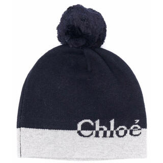 クロエ(Chloe)の【新作】クロエ　ロゴ　ニット帽　ネイビー　56センチ(ニット帽/ビーニー)