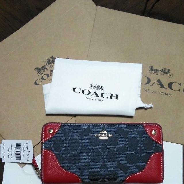 【COACH】長財布 シグネチャー ラウンドファスナー PVC　レッドxデニム