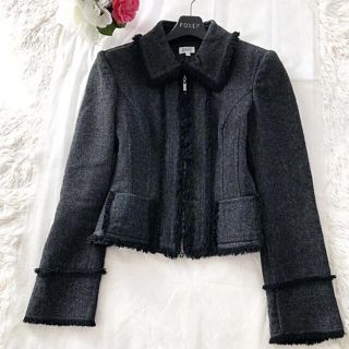 フォクシー(FOXEY)の極美品‼️【フォクシー】上質なウールカシミヤジャケット 上品襟付きグレー×黒(ノーカラージャケット)