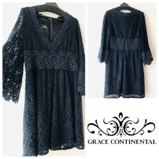 グレースコンチネンタル(GRACE CONTINENTAL)の極美品♡ウールレースワンピース　ネイビー38サイズ(ミニワンピース)