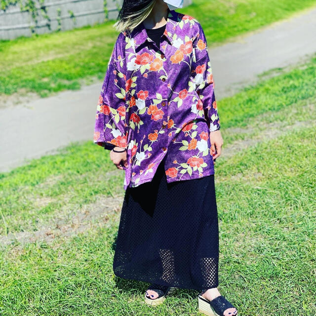 和柄シャツ 後染 江戸小紋 花 葉 紫 赤 白 緑 一点もの - www.indexa ...
