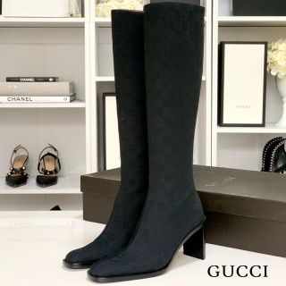 グッチ(Gucci)の2838 未使用 グッチ GGキャンバス ロングブーツ ブラック(ブーツ)