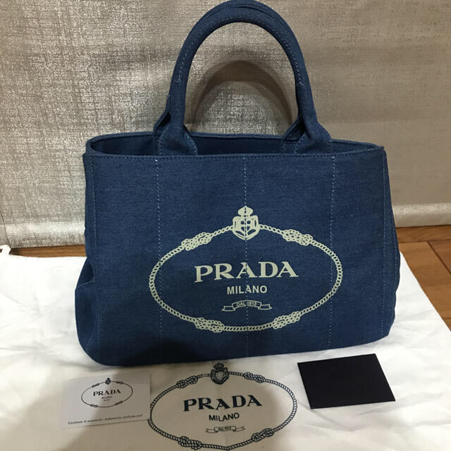 新品未使用　PRADA プラダカナパ2Wトートバック　デニムブルー白字ホワイト | フリマアプリ ラクマ