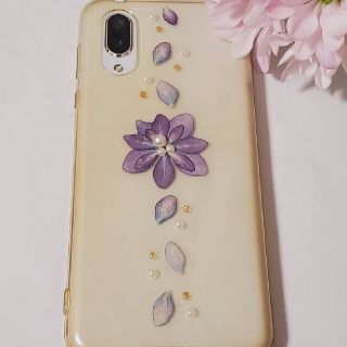 紫の紫陽花 パール スマホケース iPhone Android対応 ハンドメイド(iPhoneケース)