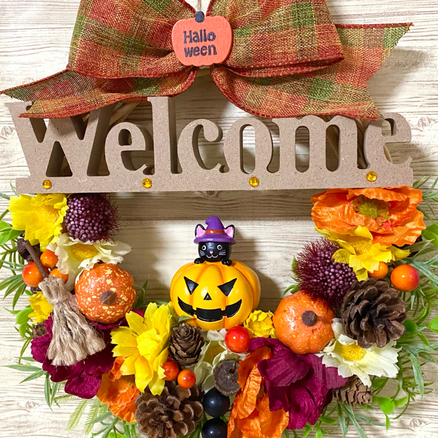 ハロウィン HalloWeen ウェルカム Welcome フラワー リース ★ ハンドメイドのフラワー/ガーデン(リース)の商品写真