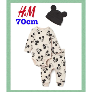 エイチアンドエム(H&M)の新品H&Mミッキーマウス長袖ロンパースパンツ帽子セットサイズ70ディズニー6m(ロンパース)