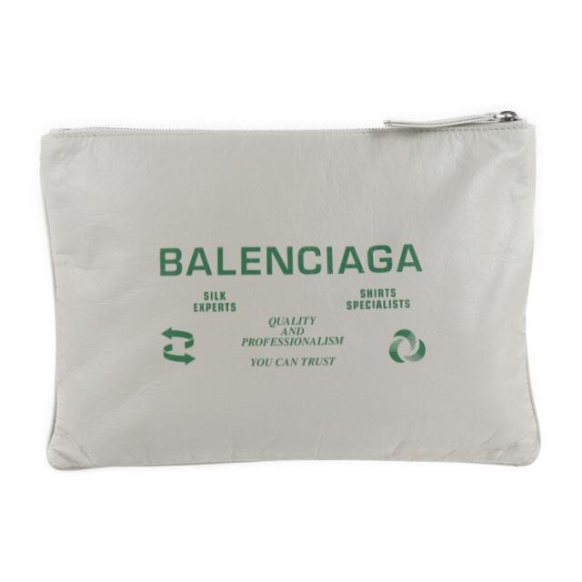 中古内側BALENCIAGA バレンシアガ  SUPERMARKET CLIP M スーパーマーケット クリップM クラッチバッグ 506794 レザー   ホワイトグレー系 グリーン  セカンドバッグ ポーチ 【本物保証】