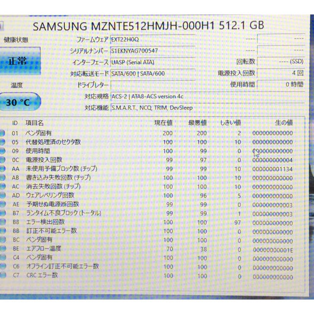 Samsung SSD M.2 2280 512GB使用時間0h 2