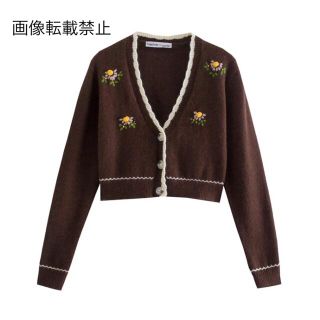 ザラ(ZARA)の🌰9月新作🌾5926◆brown ブラウン 花 刺繍 ニット カーディガン(カーディガン)