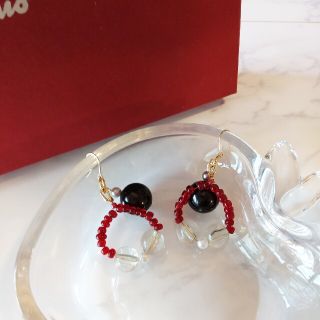 ハンドメイド  ビーズ 黒 オニキス イヤリング ピアス クリア (ピアス)