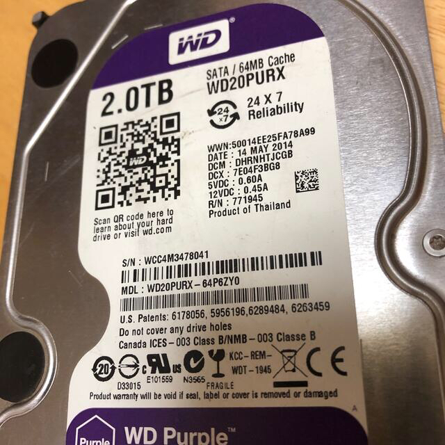 スマホ/家電/カメラWD Purple WD20PURX 2TB HDD ×2