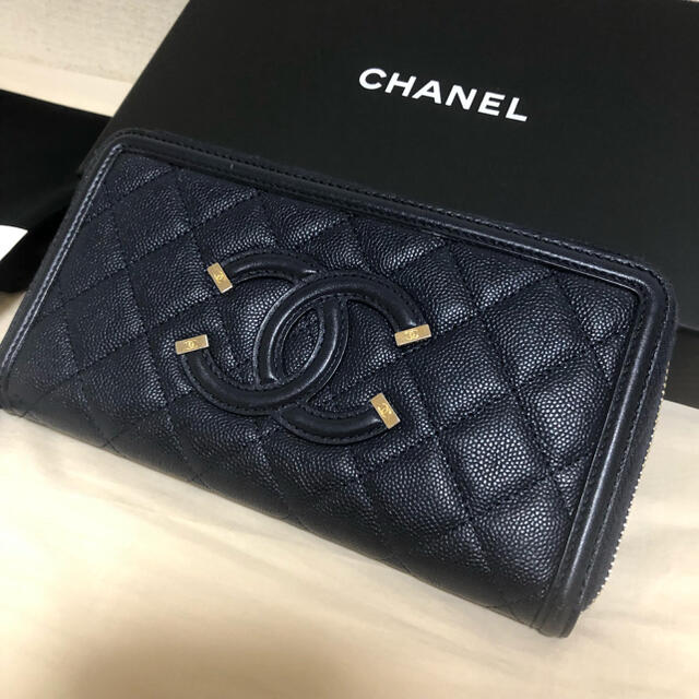 正規店購入！シャネル　CHANEL CCフィリグリーデザイン　長財布　ネイビー