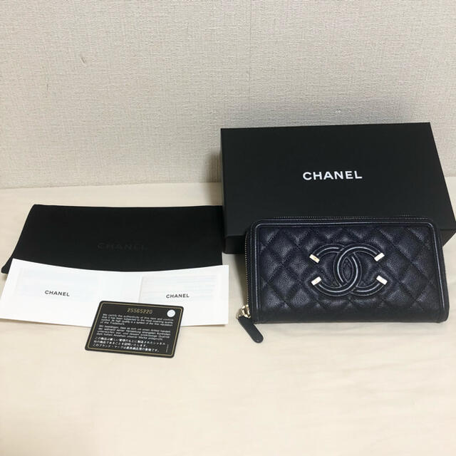 正規店購入！シャネル　CHANEL CCフィリグリーデザイン　長財布　ネイビー