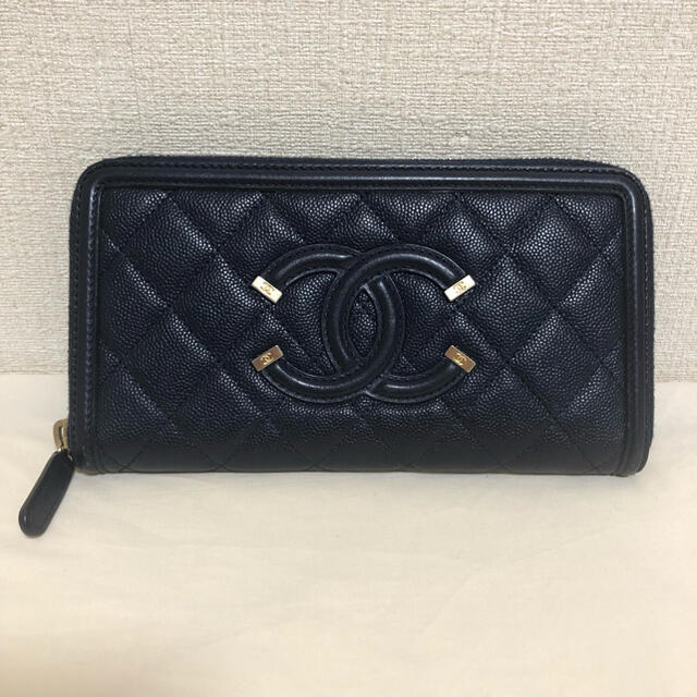 正規店購入！シャネル　CHANEL CCフィリグリーデザイン　長財布　ネイビー