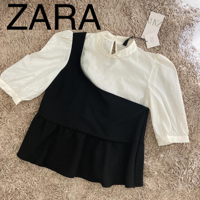 ZARA(ザラ)の新品タグ付き　ZARA ザラ　デザイン　ブラウス　ベスト　モノトーン レディースのトップス(シャツ/ブラウス(長袖/七分))の商品写真