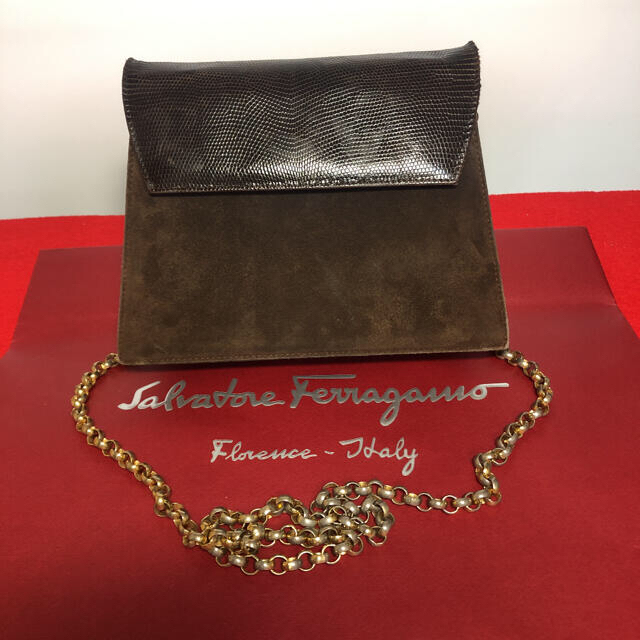 バニティFerragamo Vintage リザード×スエード  チェーンバック