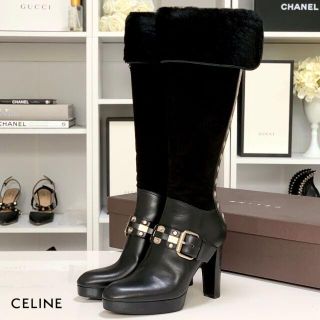 セリーヌ(celine)の2839 セリーヌ スエード レザー ベルト 折り返し ロングブーツ 2way(ブーツ)