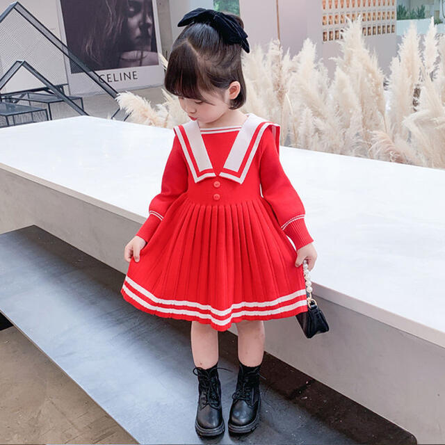 キッズニットワンピース　セーラー襟　プリーツスカート 女の子服　ピンク140 キッズ/ベビー/マタニティのキッズ服女の子用(90cm~)(ワンピース)の商品写真