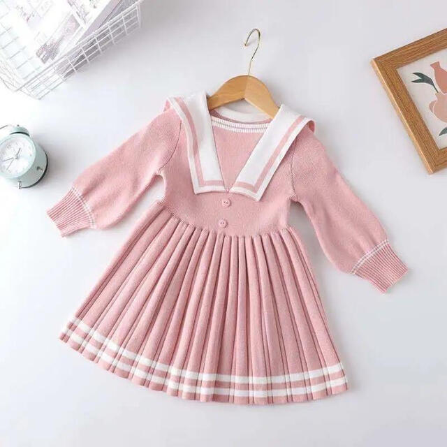 キッズニットワンピース　セーラー襟　プリーツスカート 女の子服　ピンク140 キッズ/ベビー/マタニティのキッズ服女の子用(90cm~)(ワンピース)の商品写真