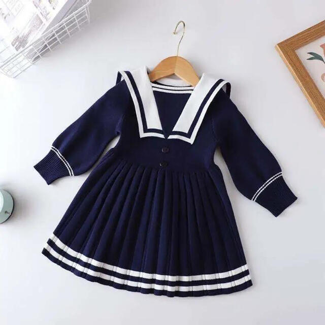 キッズニットワンピース　セーラー襟　プリーツスカート 女の子服　ピンク140 キッズ/ベビー/マタニティのキッズ服女の子用(90cm~)(ワンピース)の商品写真