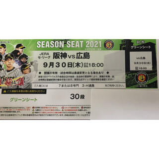 ハンシンタイガース(阪神タイガース)の阪神 vs 広島 グリーンシート通路側 9月30日(木) 18:00-(野球)