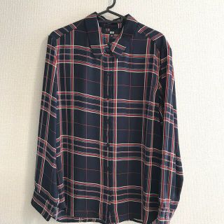 ユニクロ(UNIQLO)の【お値下げ中！】UNIQLO ネイビーチェックブラウス 【サイズ XXL】(シャツ/ブラウス(半袖/袖なし))