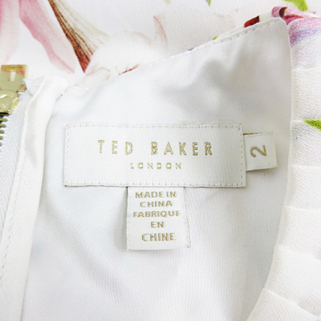 TED BAKER(テッドベイカー)のテッドベーカー ワンピース 7分袖 ひざ丈 花柄 フリル 白 ホワイト 2 レディースのワンピース(ひざ丈ワンピース)の商品写真