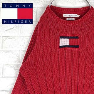 トミーヒルフィガー(TOMMY HILFIGER)のトミーヒルフィガー 胸ワンポイントデカロゴ ゆったり ニット セーター 90s(ニット/セーター)