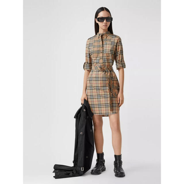 BURBERRY(バーバリー)のバーバリー コントラストチェック ストレッチコットン タイウエスト シャツドレス レディースのワンピース(ミニワンピース)の商品写真