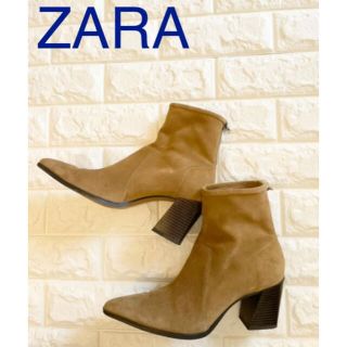 ザラ(ZARA)のZARAザラキャメル ベージュショートブーツリアルスエード本革ウエスタン太ヒール(ブーツ)