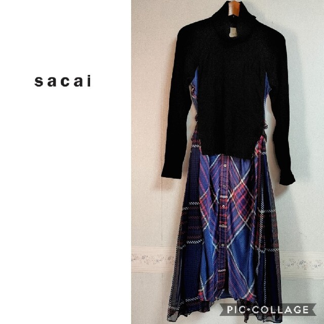 ◇サカイ◇sacai 異素材 黒×チェック ドッキングワンピース 当店だけの ...