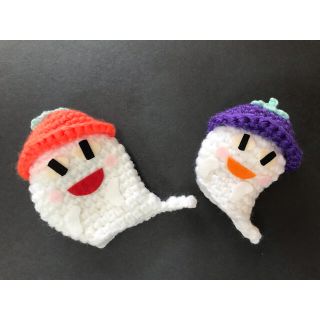 おばけちゃん編みぐるみ指人形　橙色大　紫小帽子付き　ハンドメイド    (あみぐるみ)