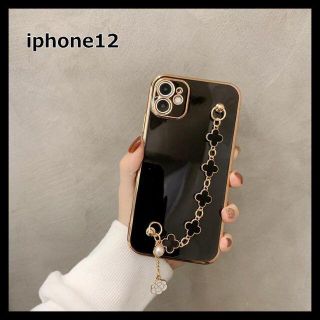 アイフォンケース スマホカバー クローバー チェーン 黒 iPhone12(iPhoneケース)