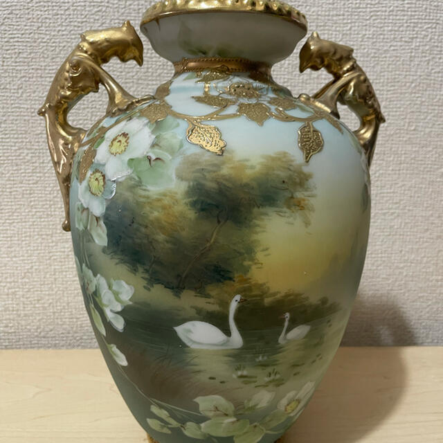 【美品】オールドノリタケ 花瓶 SWAN 金彩草原図双耳