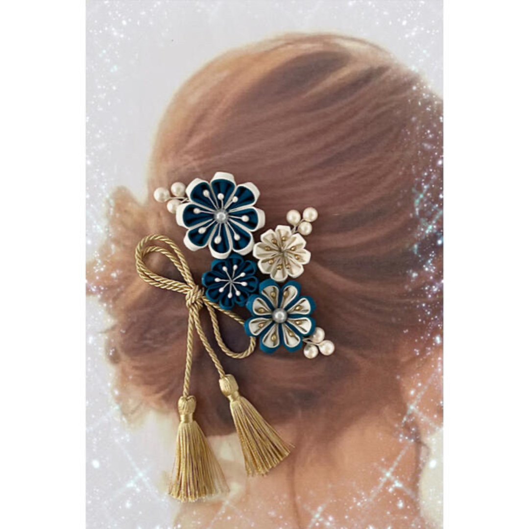 レトロなお花の髪飾り ブルー系 タッセル付きＵピン 8本セット　kts0021 3