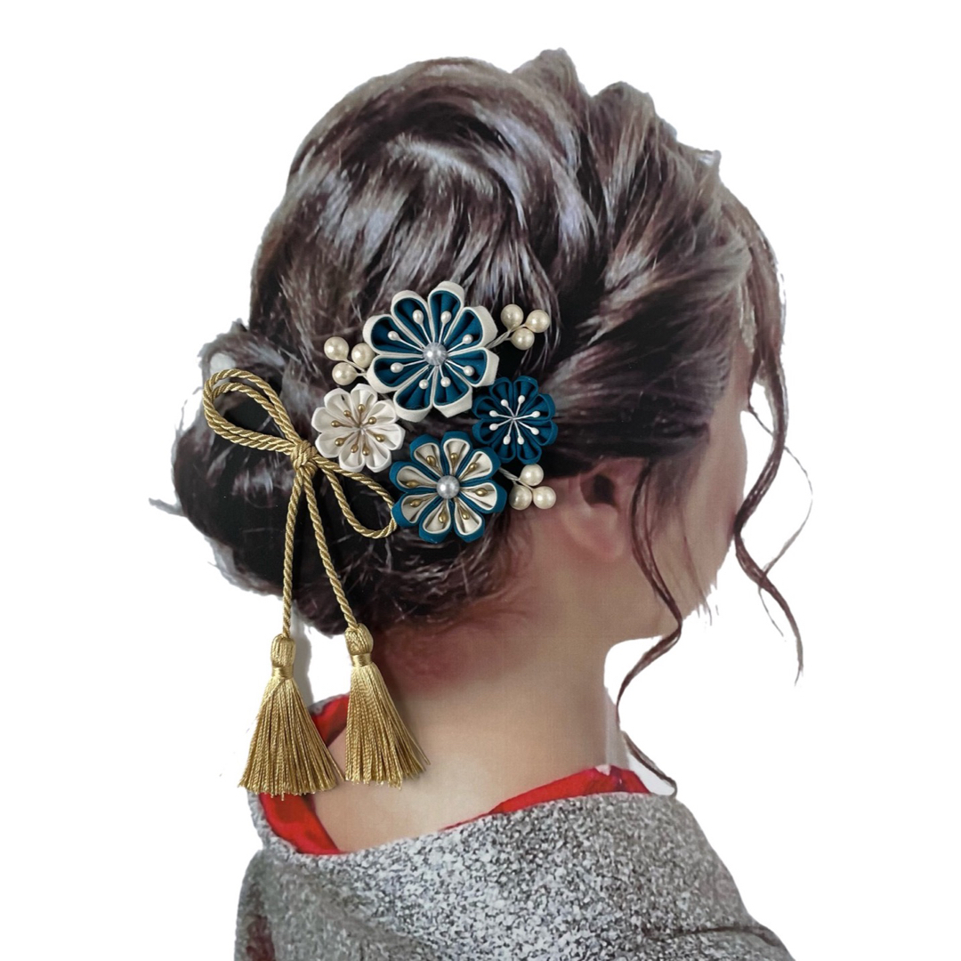 レトロなお花の髪飾り ブルー系 タッセル付きＵピン 8本セット　kts0021