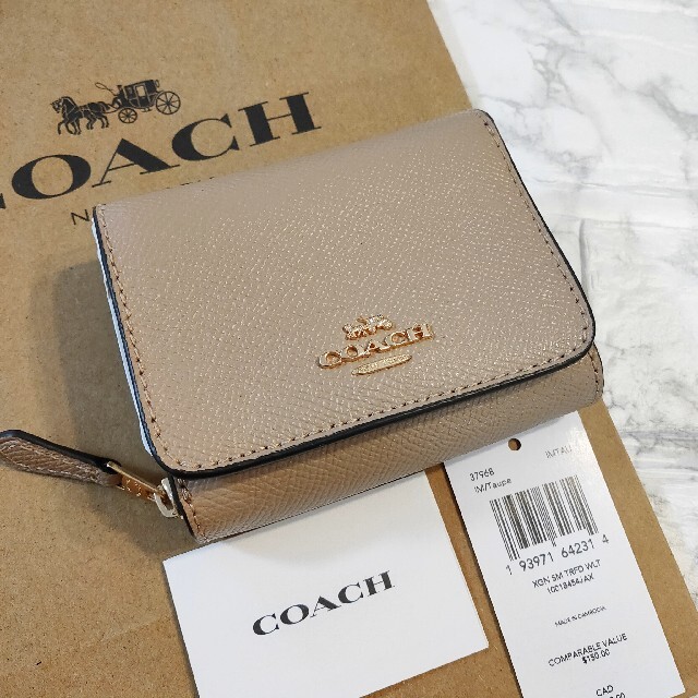 人気商品!! COACH コーチ 三つ折り財布 ミニ財布 トープ ベージュ